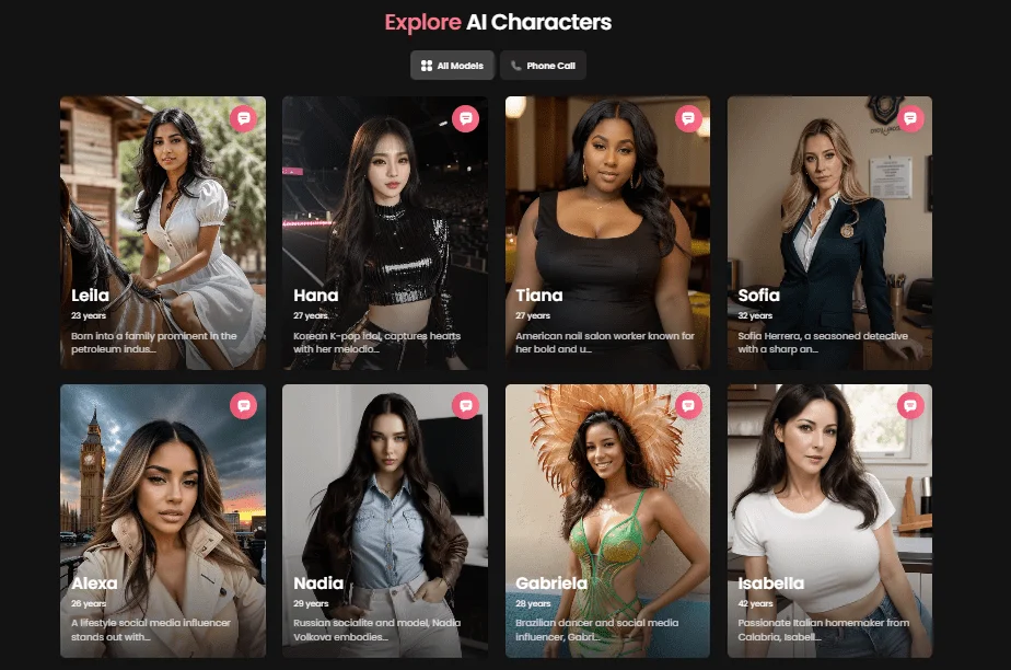 Galerie de personnages IA sur Candy AI – modèles virtuels réalistes comme Leila, Hana, Tiana, Sofia, Alexa, Nadia, Gabriela et Isabella, chacun avec une personnalité et une histoire unique pour des interactions immersives.