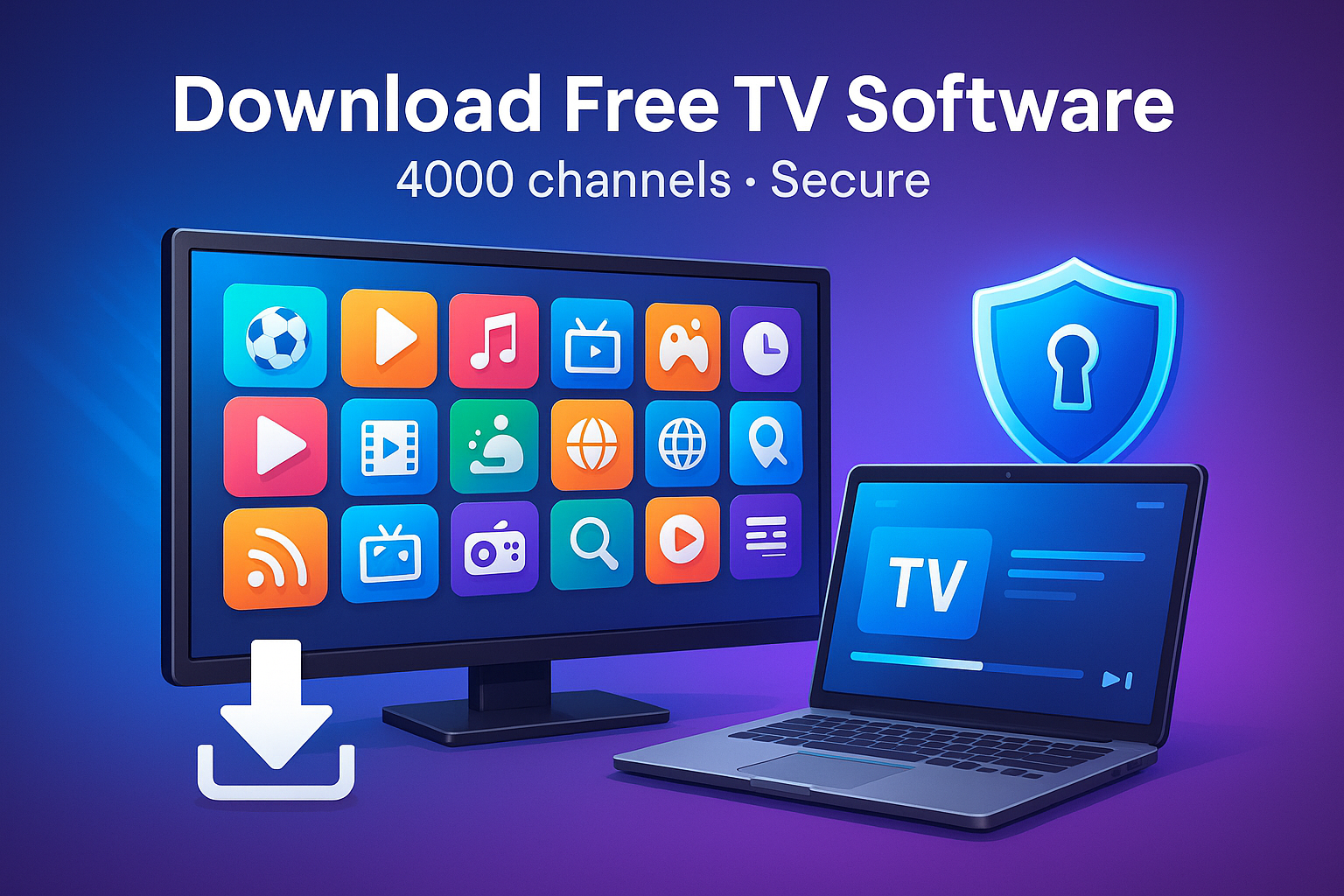 Télécharger un logiciel TV gratuit et sécurisé – illustration d’un téléviseur affichant 4000 chaînes avec icônes colorées et d’un ordinateur portable connecté, garantissant une expérience télévisuelle économique et fiable.