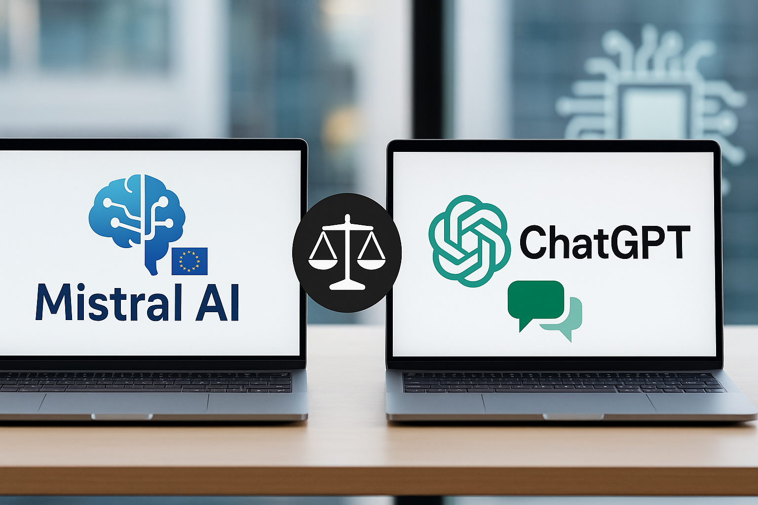 Illustration comparative entre Mistral AI et ChatGPT sur fond technologique, mettant en avant leurs innovations, performances et applications dans divers secteurs comme la santé, la finance et le service client.