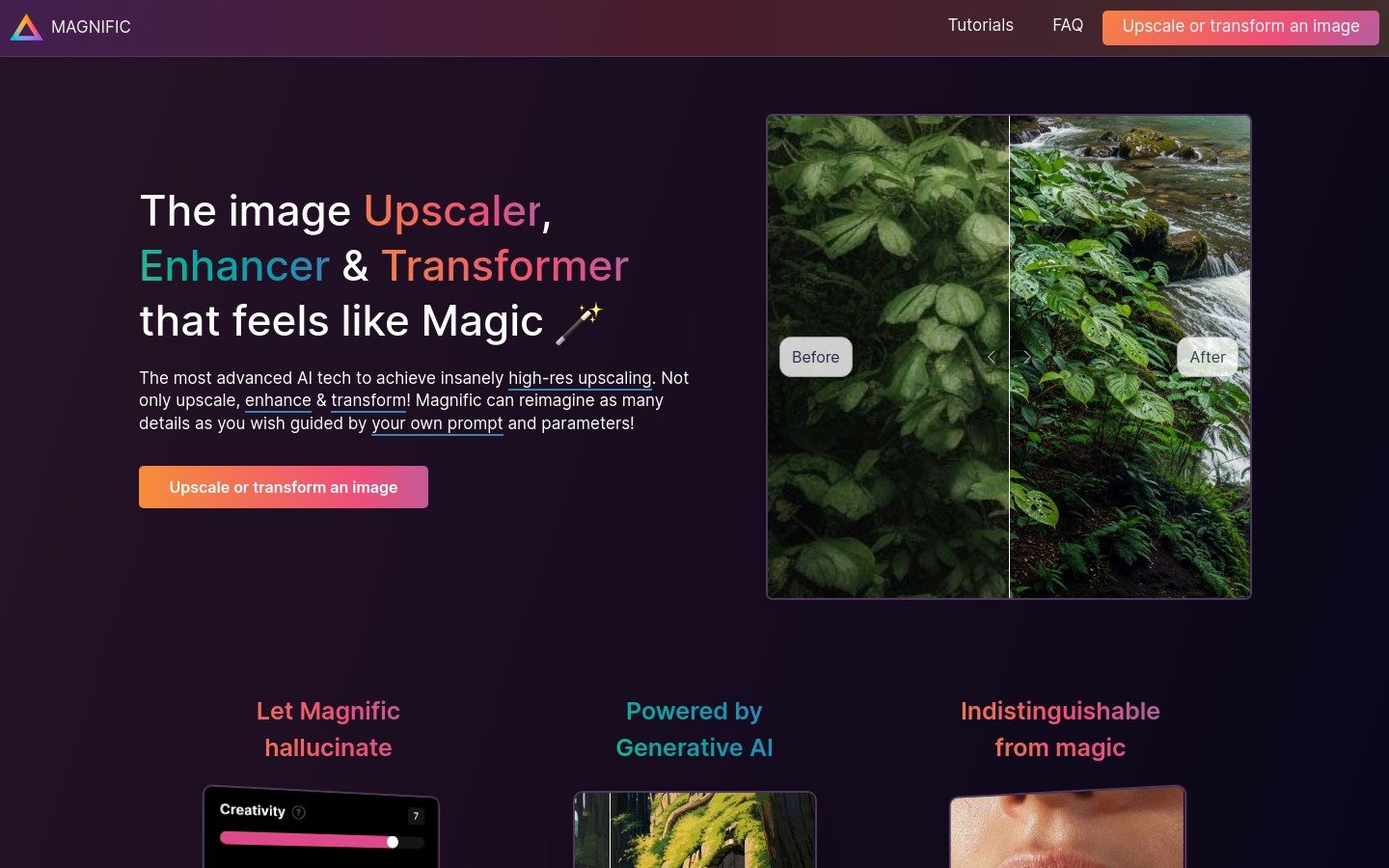 Magnific AI – outil d’upscaling et d’amélioration d’images en haute résolution, avant/après montrant l’amélioration de la qualité et des détails grâce à l’intelligence artificielle.