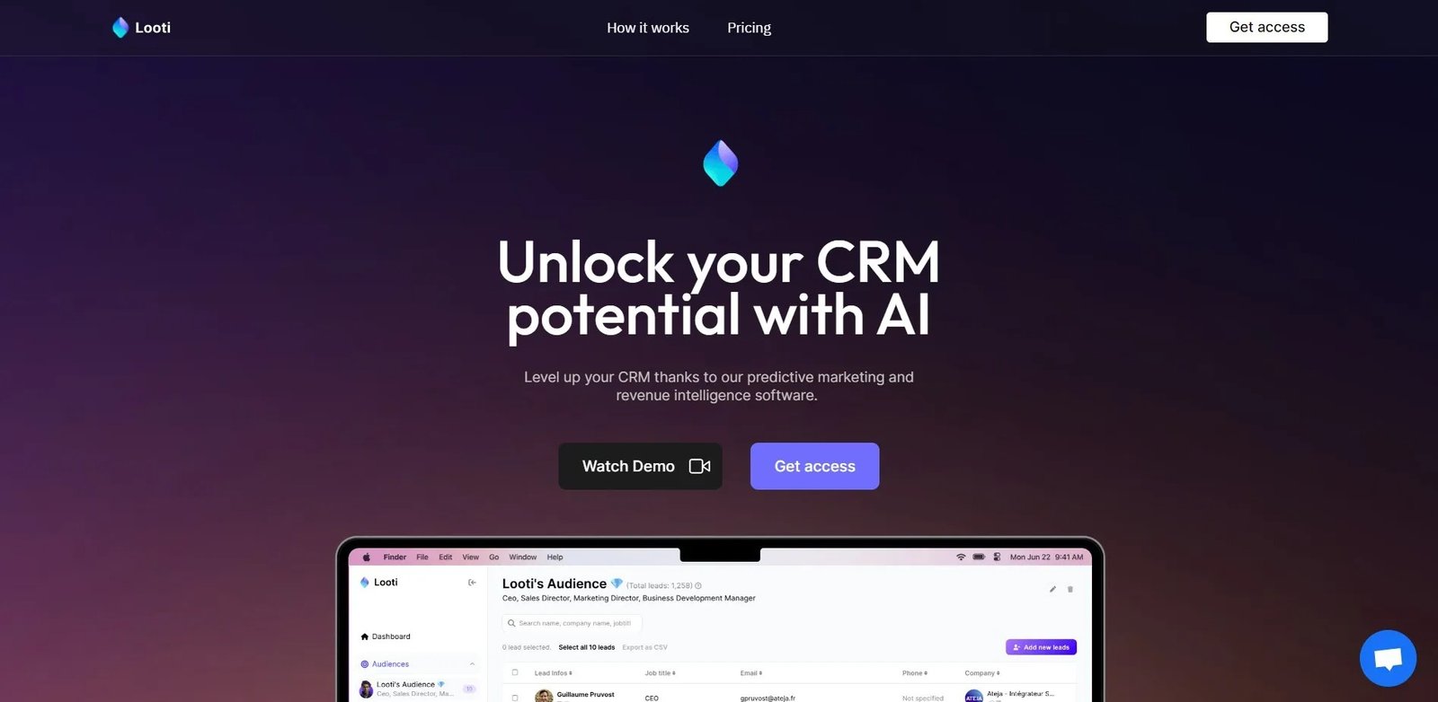 Interface Looti CRM avec intelligence artificielle pour optimiser la gestion de la relation client, le marketing prédictif et l’analyse des revenus.
