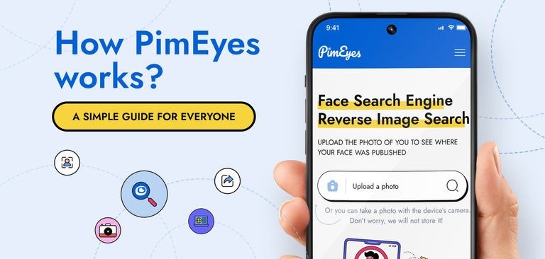 Infographie expliquant le fonctionnement de PimEyes, moteur de recherche d’images inversées basé sur la reconnaissance faciale. L’image illustre l’utilisation de l’outil pour télécharger une photo et retrouver où un visage est publié en ligne.