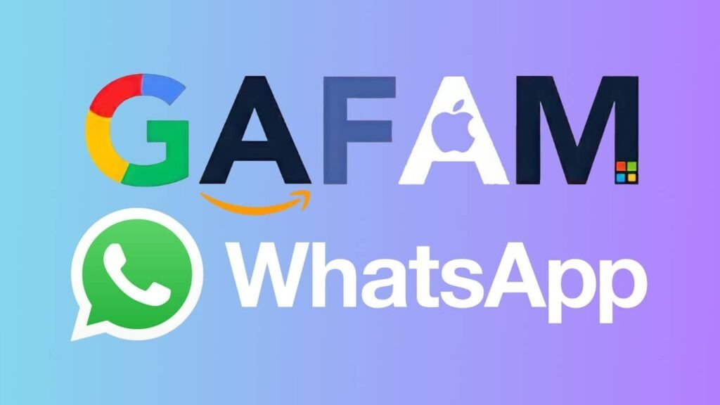 Illustration représentant les GAFA (Google, Apple, Facebook, Amazon, Microsoft) avec l’intégration de WhatsApp, soulignant l’influence des géants du numérique sur la communication et les données personnelles. L’image met en avant les logos emblématiques de ces entreprises sur un fond dégradé moderne.