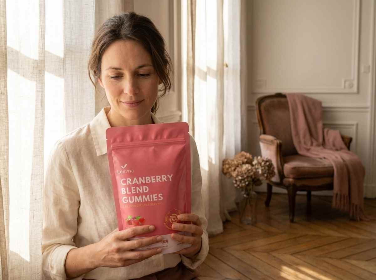 Femme tenant le pack Leevna, marque française de gummies cranberry pour cystites récidivantes