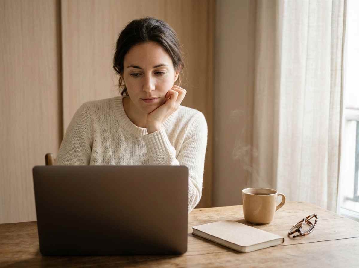 Femme française réfléchissant devant son ordinateur, scène illustrant la recherche d’avis Leevna avant achat